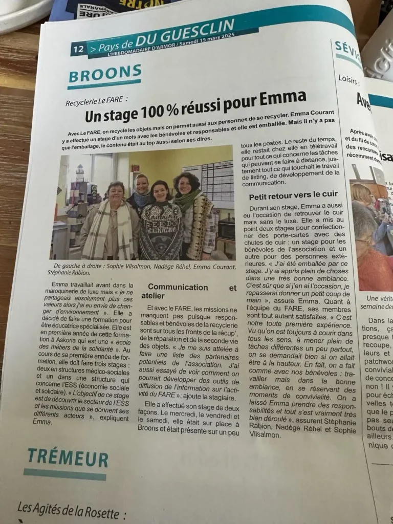 Article de l'hebdomadaire sur la Recyclerie Le FARE du samedi 15 mars 2025 intitulé "un stage 100 % réussi pour Emma"
