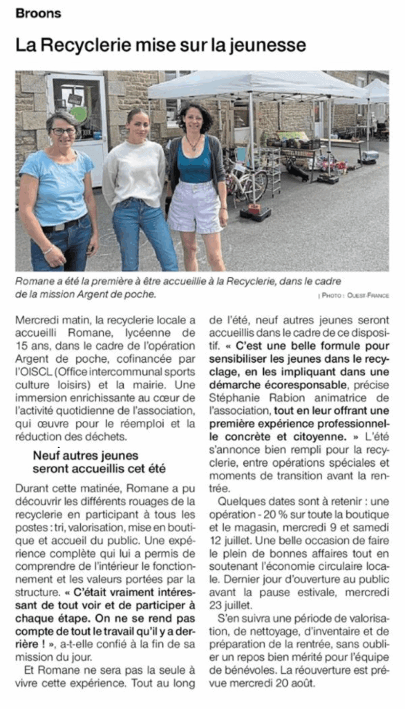 Le FARE article Ouest France du 4 juillet 2025 intitulé la recyclerie mise sur la jeunesse