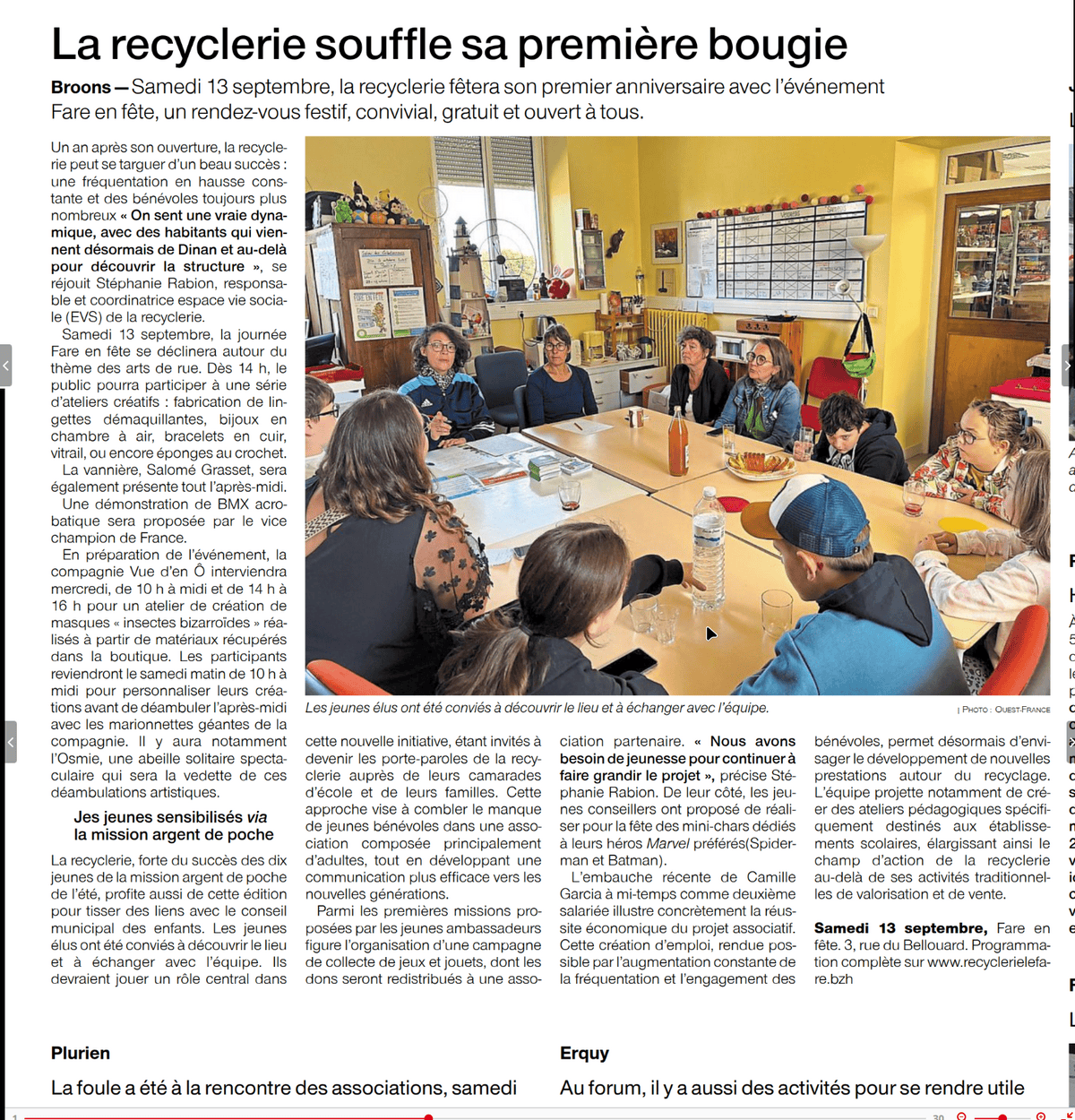 FARE Fare en fête, la recyclerie de Broons souffle sa première bougie article Ouest France du 3 septembre 2025