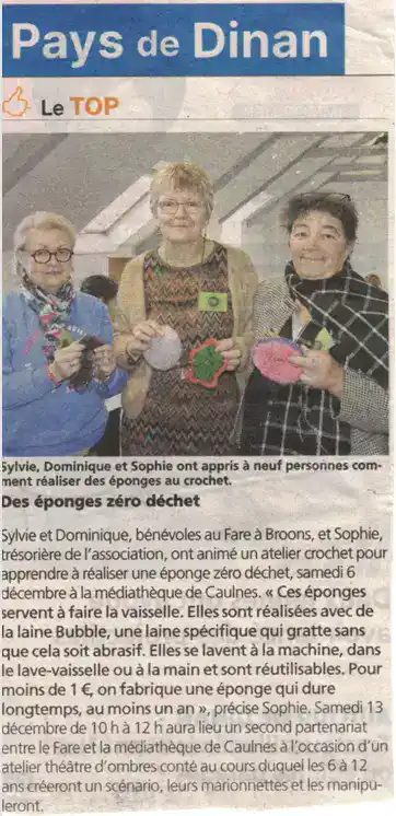 Article Petit Bleu du 11 décembre 2025 sur l'telier éponge crochet zéro déchet du FARE à la médiathèque de Caulnes