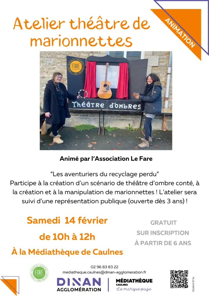 Le FARE intervient à la médiathèque de Caulnes pour une représentation et un atelier de théâtre d'ombres conté en musique le samedi 14 février 2026