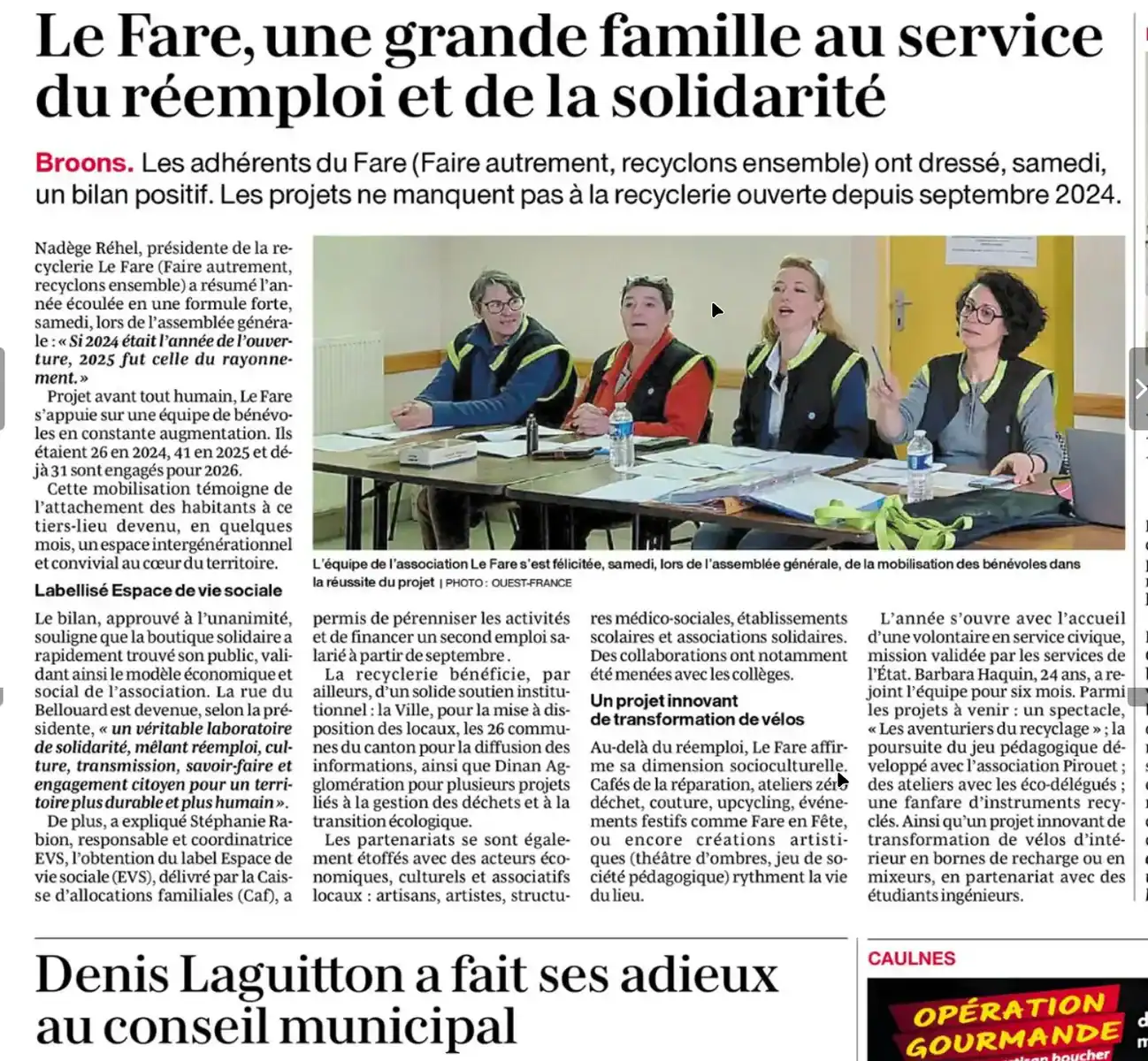 Article Ouest France du vendredi 6 mars 2026 intitulé "le FARE, une grande famille au service du réemploi et de la solidarité"