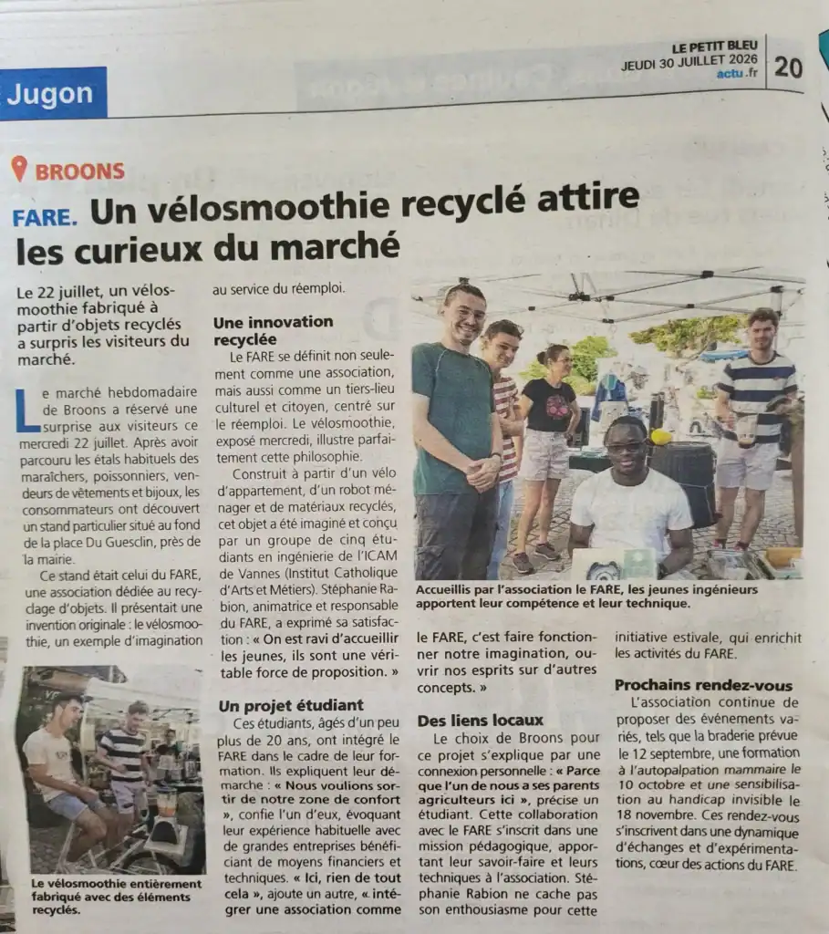 FARE article du Petit Bleu sur les vélos smoothie recyclé de FARE qui attire les curieux du marché.